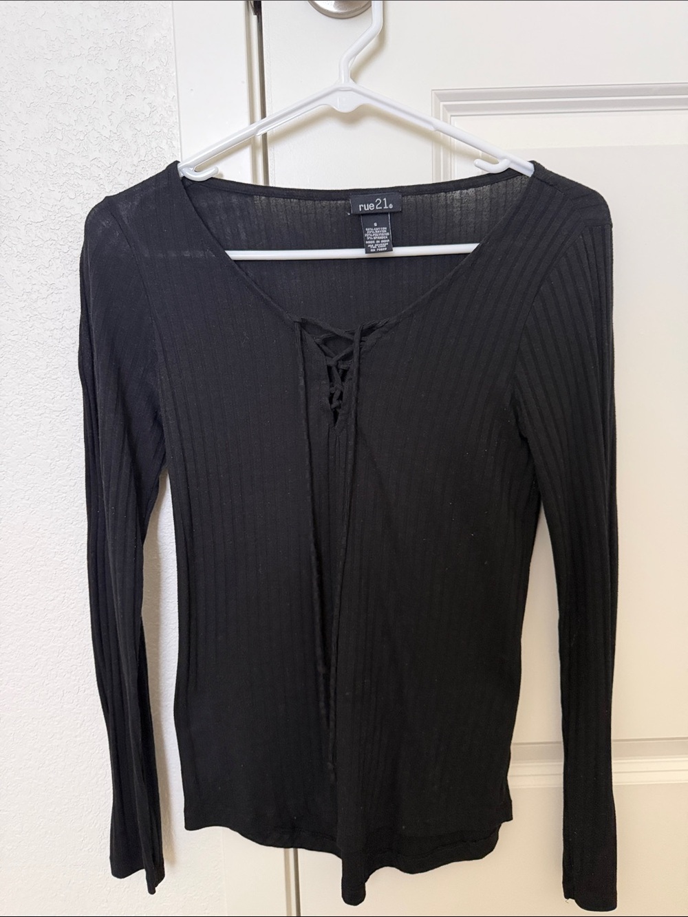 Rue21 Black Ribbed Long-Sleeve Lace-Up Top Dress